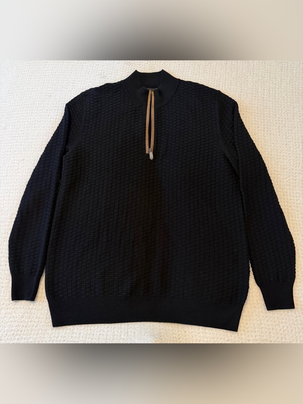 Bobby Jones Black Zip-Front Textured Knit Sweater with Tan Pull